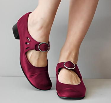 Red Women’s Wedge Buckle Detail Sandals on the model