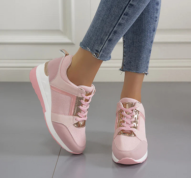 Pink Women’s Orthopedic Comfort Heel Sneakers on the model