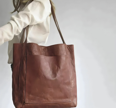 Dark Brown Women’s Elegant Double Strap Handbag on the model