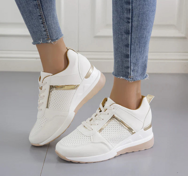 White Women’s Orthopedic Comfort Heel Sneakers on the model