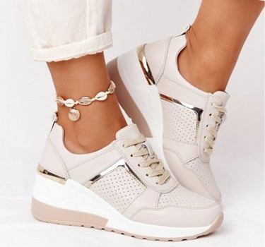 Beige Women’s Orthopedic Comfort Heel Sneakers on the model