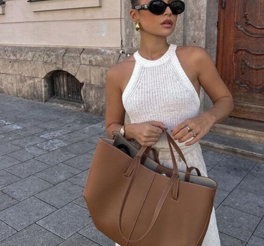 Brown Women’s Vintage Spacious Design Tote Bag on the model