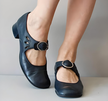 Blue Women’s Wedge Buckle Detail Sandals on the model