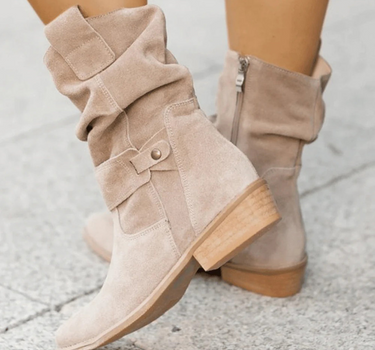 Apricot Women’s Comfortable Everyday Fit Suede Boots on the model