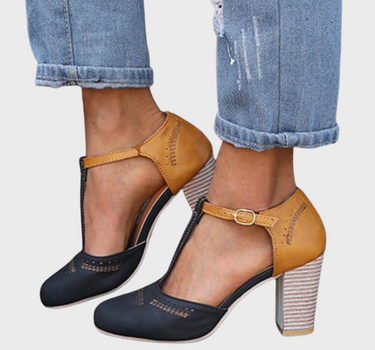 Astrid | Women’s T-strap heels | Stacked Heel & Buckle Closure