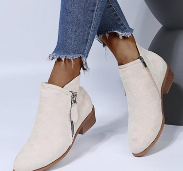 Beige Women’s PU Leather Comfort Ankle Boots on the model