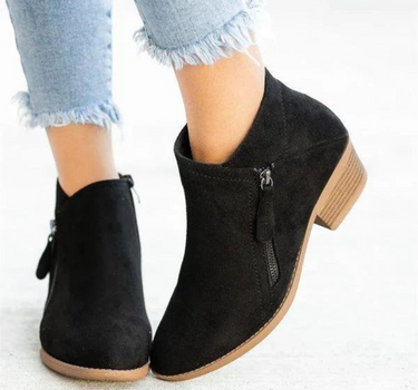 Black Women’s PU Leather Comfort Ankle Boots on the model