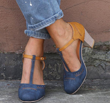 Blue Women’s Supportive Fit 8cm Comfort Heeled Pumps on the model
