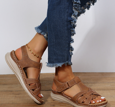 Brown Women’s Adjustable Comfort Velcro Sandals on the model