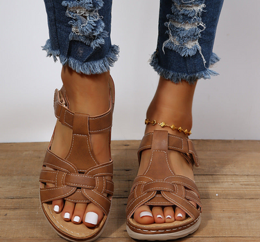 Brown Women’s Adjustable Comfort Velcro Sandals on the model