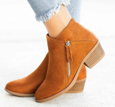 Brown Women’s PU Leather Comfort Ankle Boots on the model