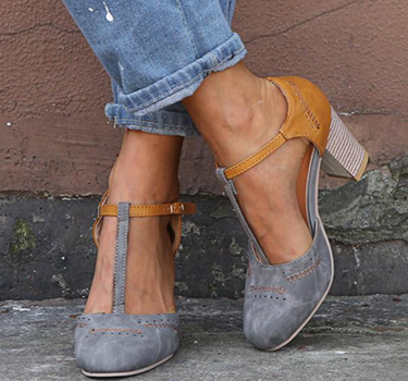 Gray Women’s Supportive Fit 8cm Comfort Heeled Pumps on the model