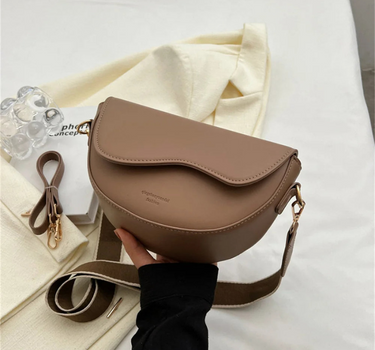 Khaki Women’s Half-Moon Wide Strap Shoulder Bag on the model