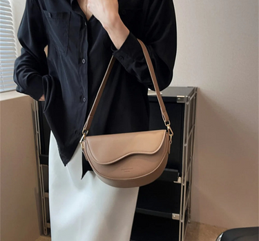 Khaki Women’s Half-Moon Wide Strap Shoulder Bag on the model