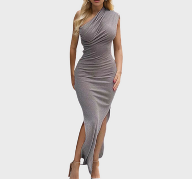 Ribbed Slit Single Shoulder Wrap Dress