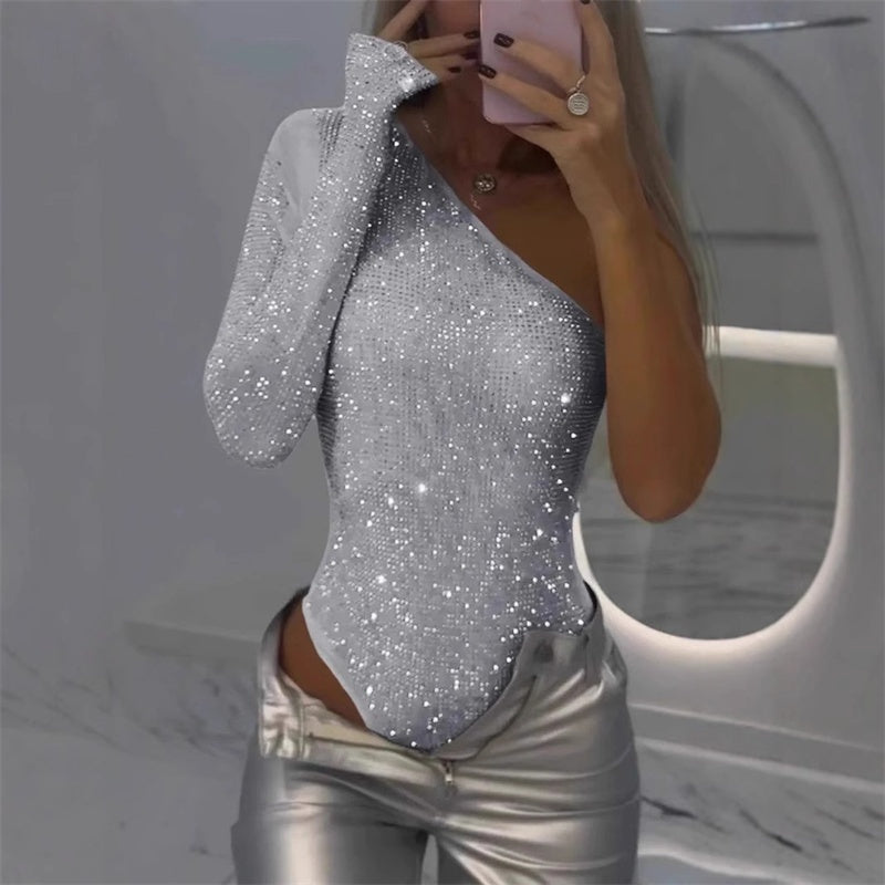 Women's Silver Asymmetrical Sequin Bodysuit for Parties and Special Occasions