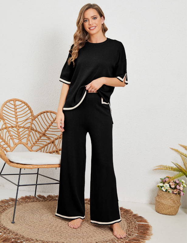 Black Women’s Crewneck & Wide-Leg Knit Lounge Set - Short Sleeves on the model