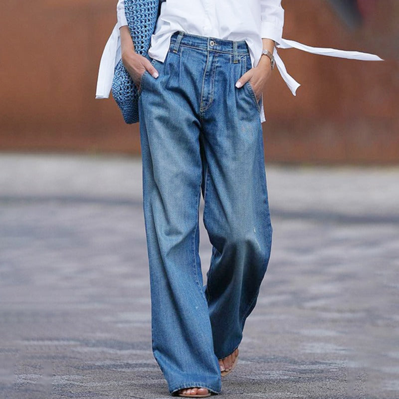 Blue Women’s High-Quality Wide-Leg Denim Jeans on model