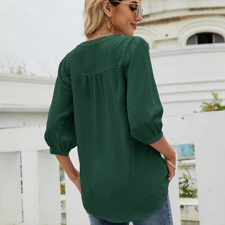 Dark Green Women’s V-Neck  Bell Sleeves Blouse on model