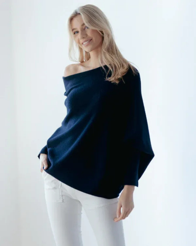 Navy Women’s Swing Collar Off-Shoulder Knit Jumper on model
