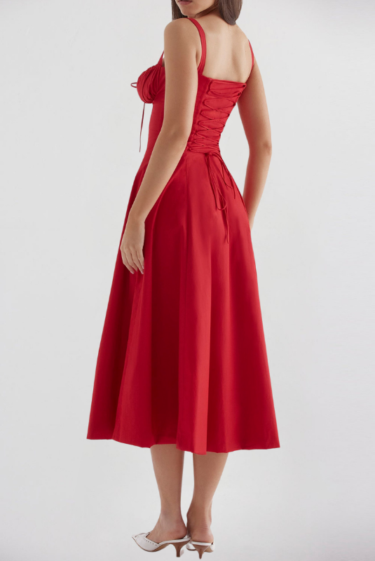 Red Women’s Printed Bustier Midi Dress on the model