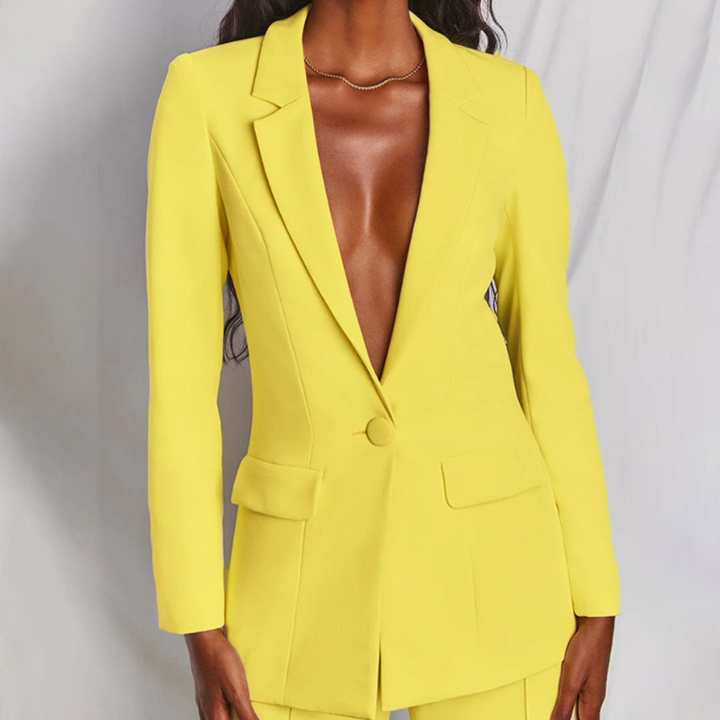 Yellow Women’s Elegant Tailored Fit Blazer & Trousers Set on model
