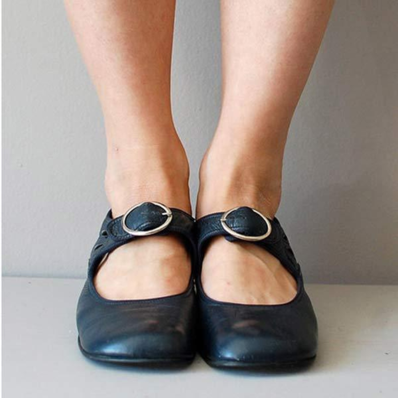 Blue Women’s Wedge Buckle Detail Sandals on the model 
