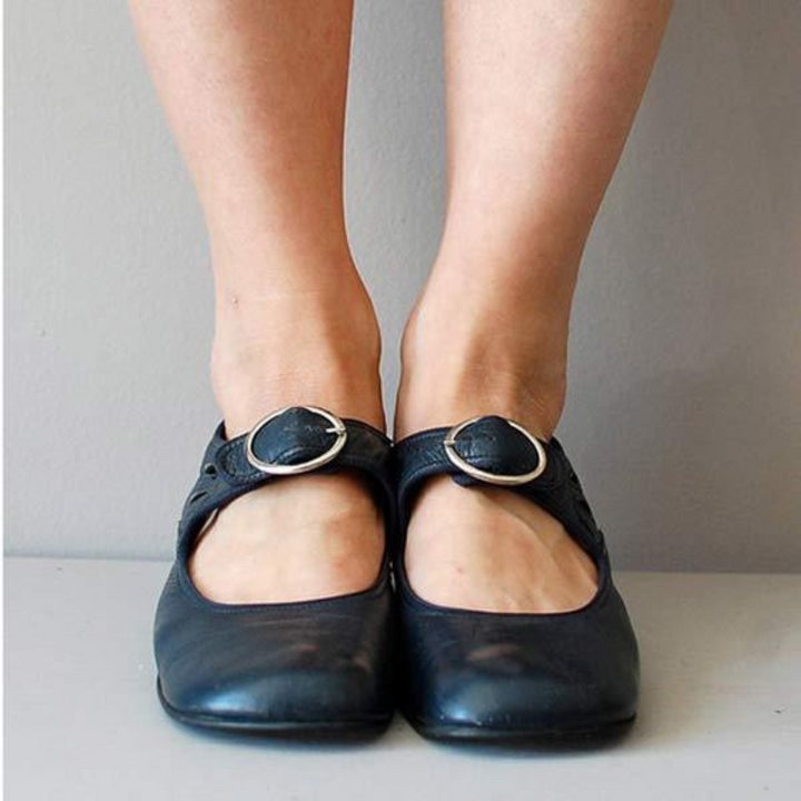Blue Women’s Wedge Buckle Detail Sandals on the model 