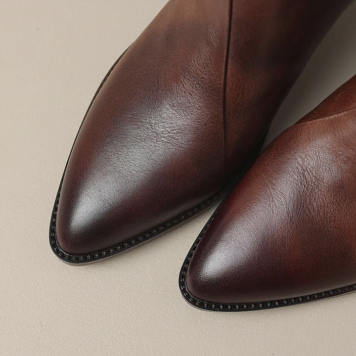 Brown Women’s Elegant Block Heel Ankle Boots on the model