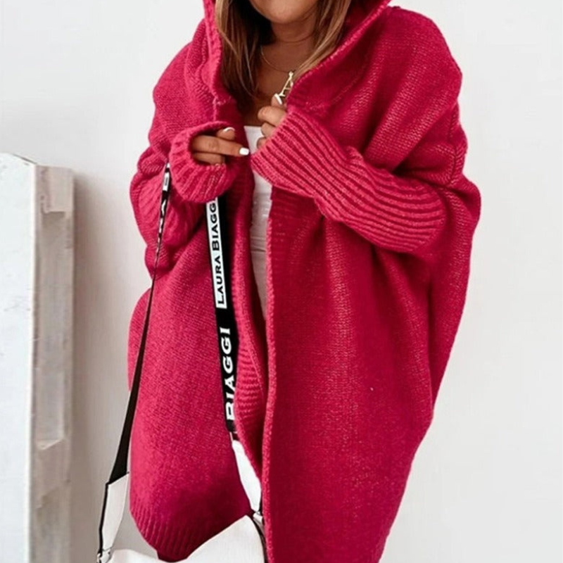 Red Women’s Cozy Oversized-Fit Hooded Cardigan on the model