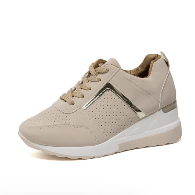Beige Women’s Orthopedic Comfort Heel Sneakers on the model
