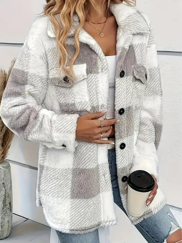 Light Gray Women’s Classic Fit Plaid Long Sleeve Jacket on the model