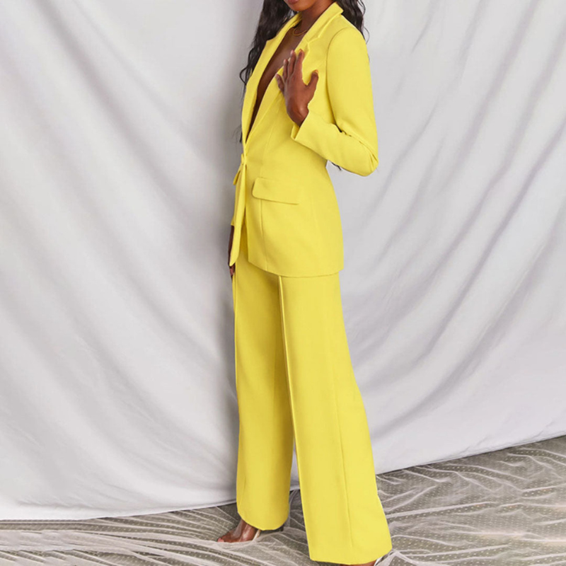 Yellow Women’s Elegant Tailored Fit Blazer & Trousers Set on model