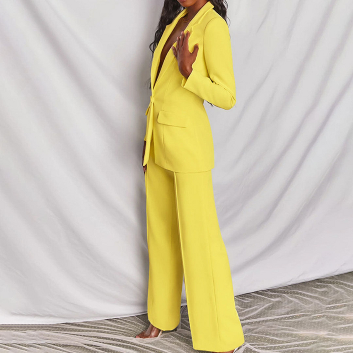 Yellow Women’s Elegant Tailored Fit Blazer & Trousers Set on model