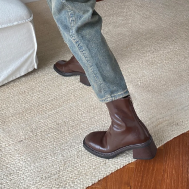 Brown Women’s Modern Square Toe Ankle Boots on the model