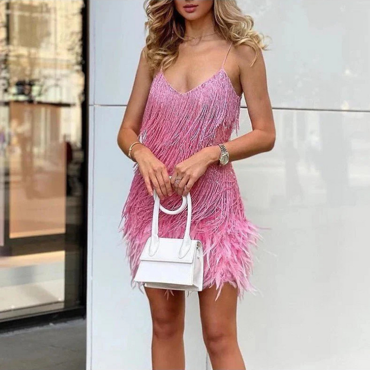Pink Women’s Glam Sequin Feather Trim Cocktail Dress on the model