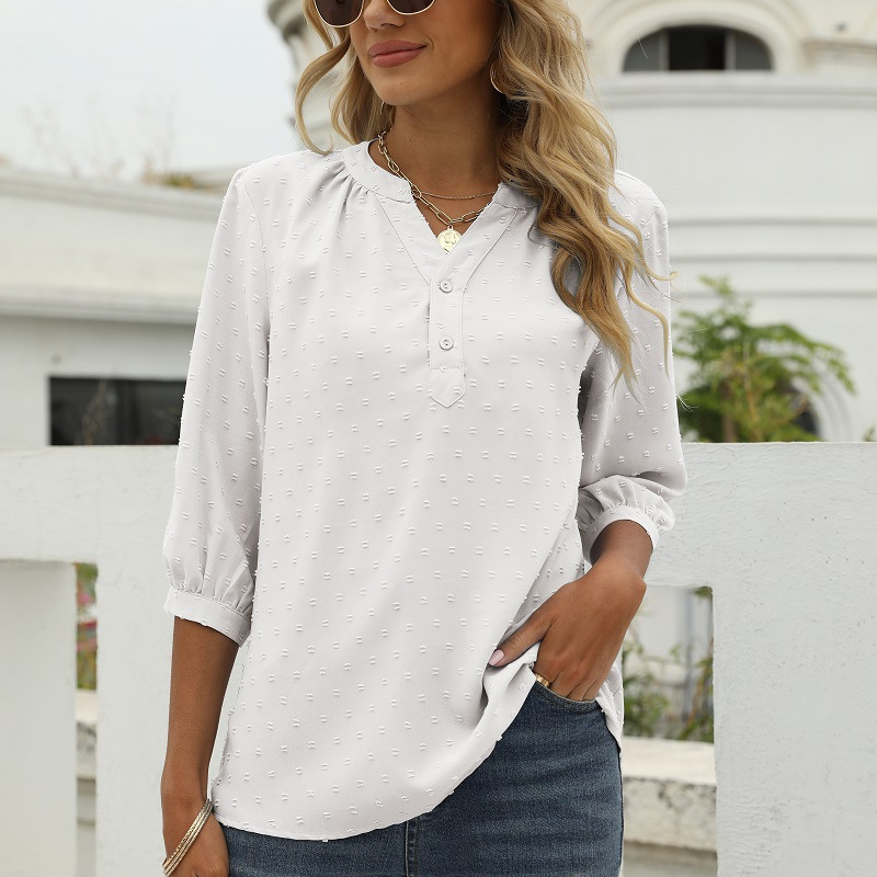 White Women’s V-Neck  Bell Sleeves Blouse on model
