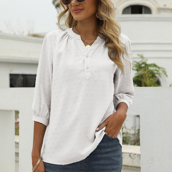 White Women’s V-Neck  Bell Sleeves Blouse on model
