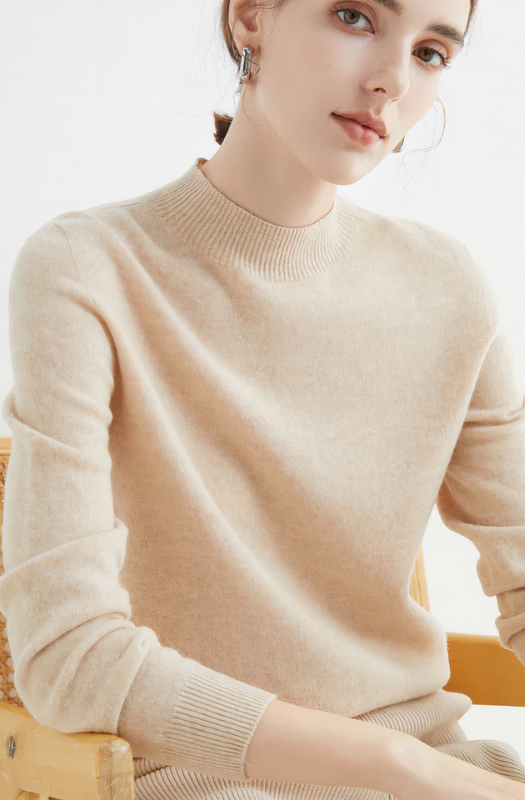 Beige Women’s Classic Soft Half-Neck Sweater on the model