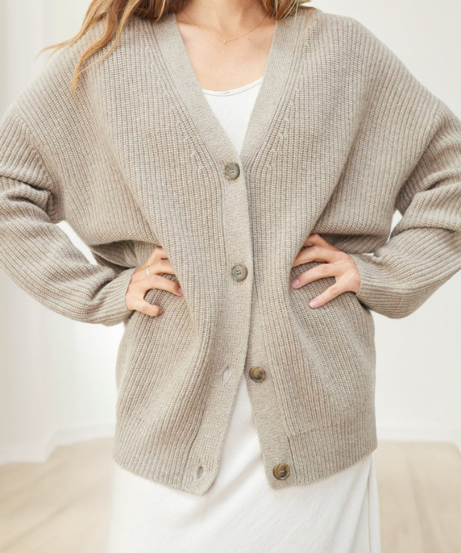 Taupe Women’s V-Neck Button Closure Knit Cardigan on the model