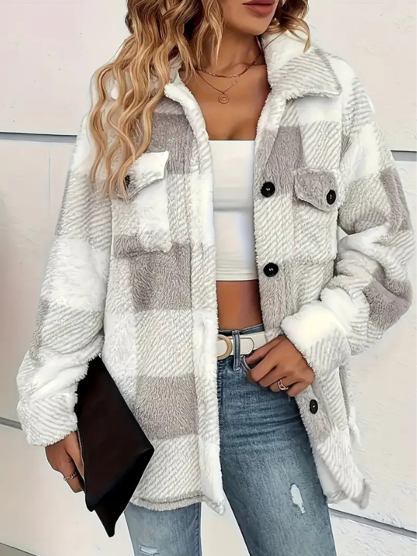 Light Gray Women’s Classic Fit Plaid Long Sleeve Jacket on the model
