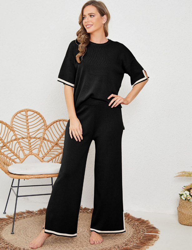 Black Women’s Crewneck & Wide-Leg Knit Lounge Set - Short Sleeves on the model