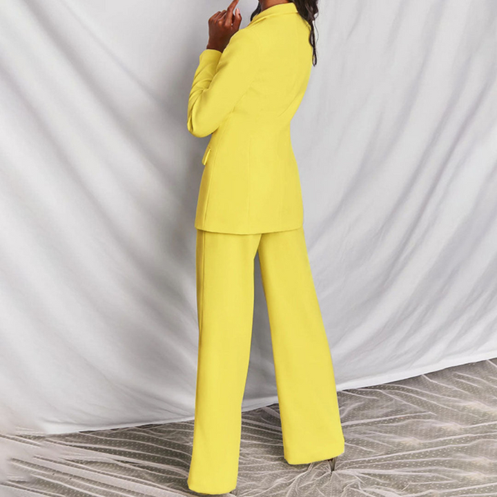 Yellow Women’s Elegant Tailored Fit Blazer & Trousers Set on model