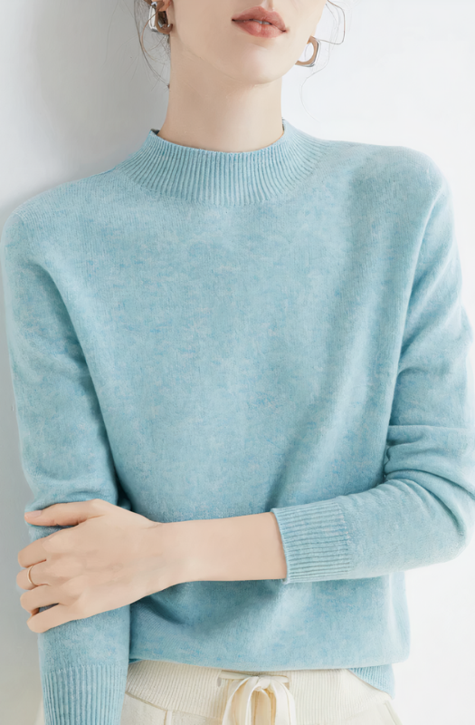 Light Blue Women’s Classic Soft Half-Neck Sweater on the model