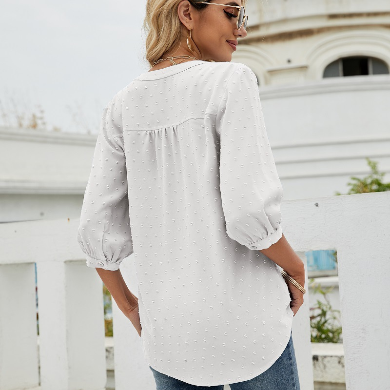 White Women’s V-Neck  Bell Sleeves Blouse on model