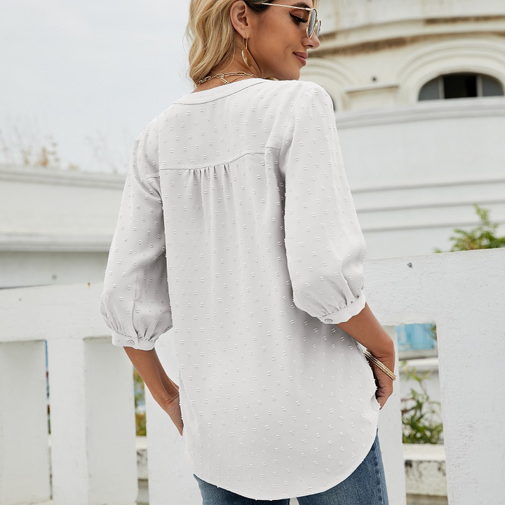 White Women’s V-Neck  Bell Sleeves Blouse on model