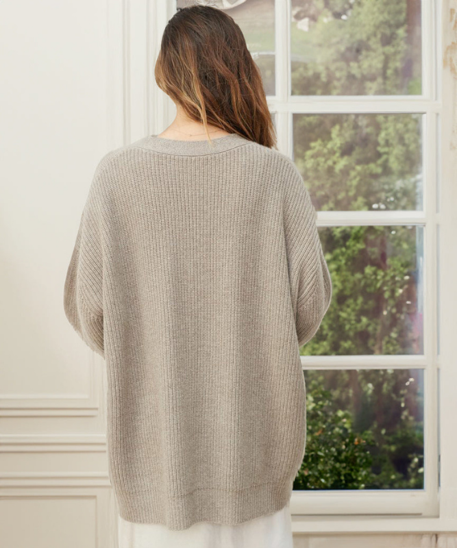 Taupe Women’s V-Neck Button Closure Knit Cardigan on the model