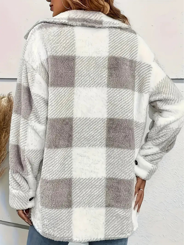 Light Gray Women’s Classic Fit Plaid Long Sleeve Jacket on the model