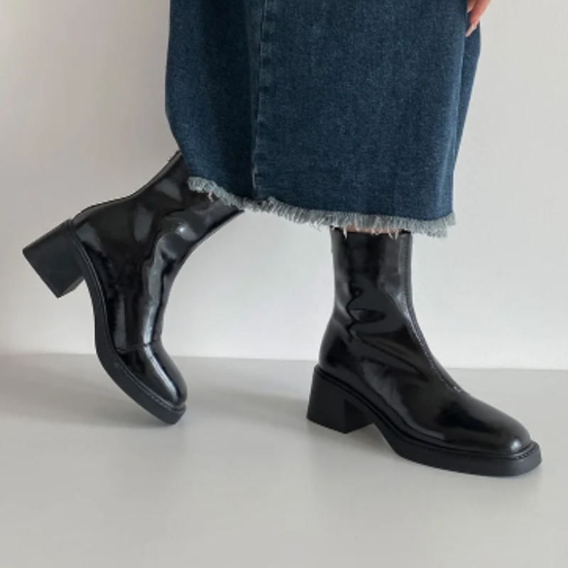 Black Women’s Modern Square Toe Ankle Boots on the model