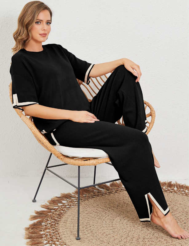 Black Women’s Crewneck & Wide-Leg Knit Lounge Set - Short Sleeves on the model